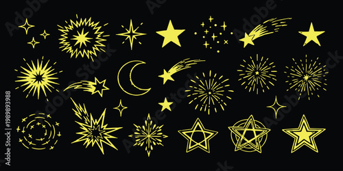 Set of hand drawn glowing yellow stars and celestial elements vector illustration