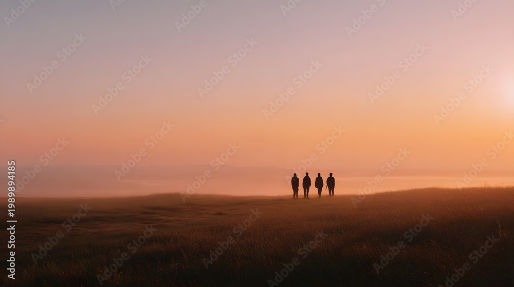 Fototapeta premium Three figures stand silhouetted across a vast grassy field bathed in the warm luminous glow of dawn or dusk