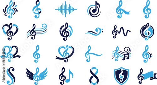 Various music symbols treble clef notes heart and musical waveform designs.