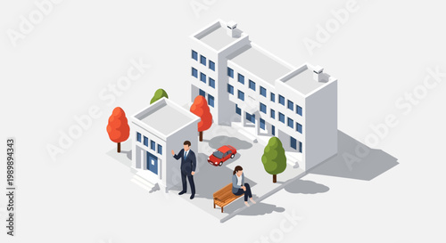 Isometric illustration featuring a man talking on the phone near a residential building and a woman sitting on a bench by a red car, presented with a clean, modern vector graphic design