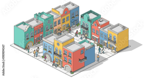 Isometric vector illustration of a colorful residential area, showcasing various building designs and pedestrian characters walking around, rendered with a clean, flat style and a cheerful