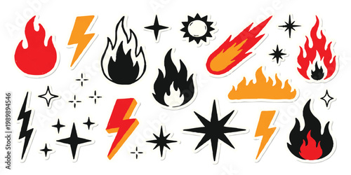 Set of vibrant fire flame lightning bolt and sparkling star vector icons