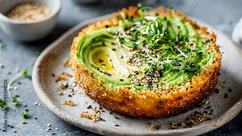 toasted bread topped with avocado slices and herbs on plate