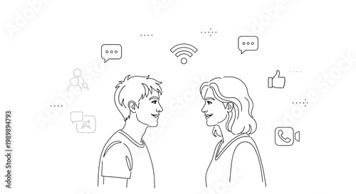 Young man and woman face to face communicating with digital social media icons.