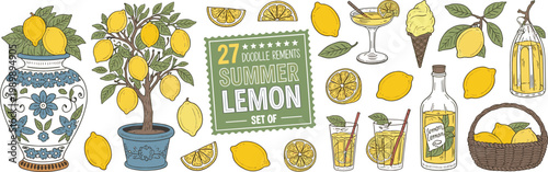 Hand-drawn collection of yellow lemons, lemon tree, drinks, ice cream, and vase with floral pattern fruit