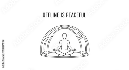 Minimalist Line Art of a Person Meditating Inside a Protective Dome Structure.
