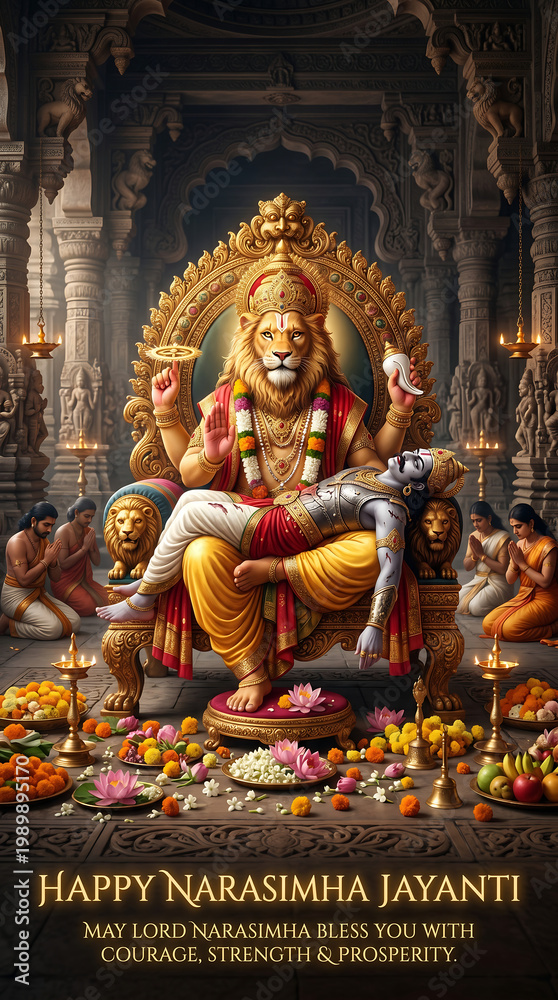 Fototapeta premium Happy Narasimha Jayanti - Narasimha's Victory Triumph Over Tyranny