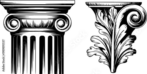Black and white ionic column capital and acanthus leaf ornament, isolated white