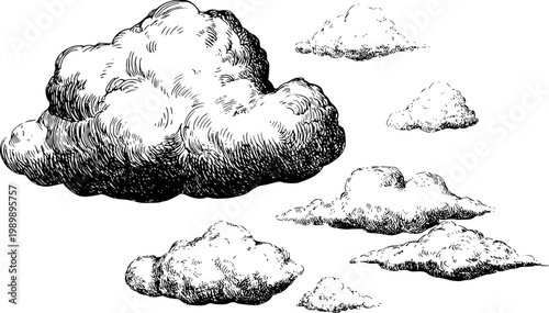 Vintage engraving style clouds collection white background, isolated