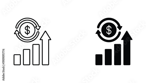 Financial growth icon set with dollar sign and upward trending bar graph in outline and solid black styles for business and investment reports