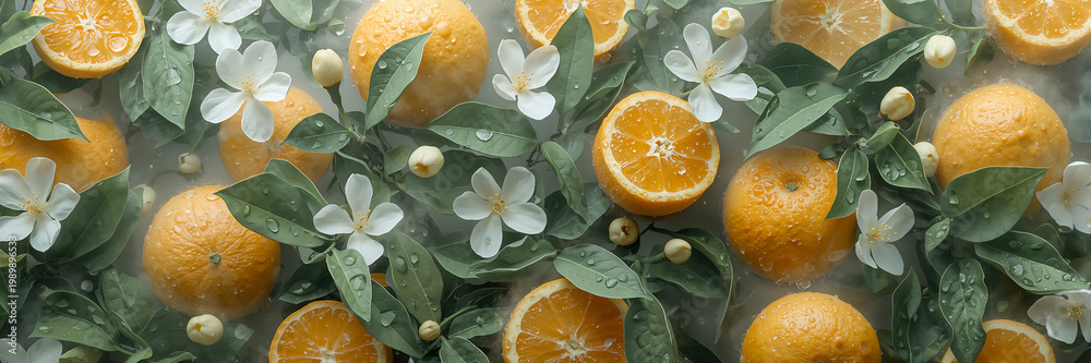 Fototapeta premium beautiful background of fresh oranges with flowers