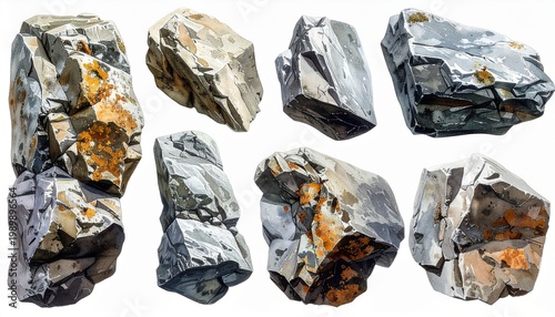 Seven pieces of raw metallic ore.