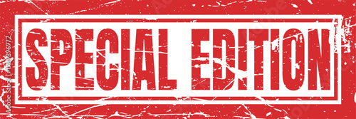 Special edition text in red and white grunge rectangle stamp over scratched red background.