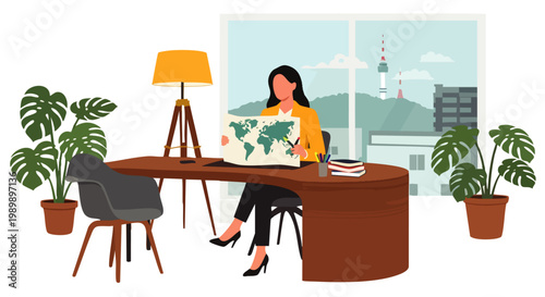 Woman in office holding world map, planning travel or business trip, with city view and plants