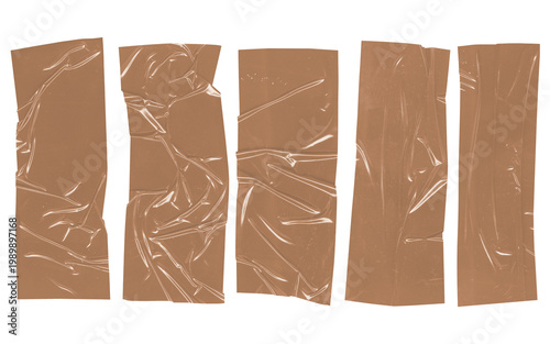 Fotografie Collection of five ripped brown paper tape strips with translucent plastic reinf