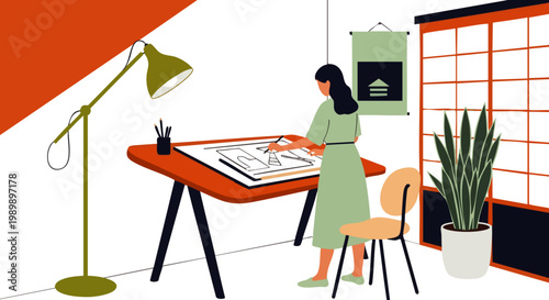 Woman artist drawing at desk in a modern studio with plants and Japanese screen, creative workspace illustration