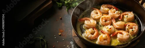 Obraz  z motywem Succulent shrimp in a metal dish on a wooden table with herbs