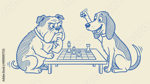 Anthropomorphic dogs engaged in a strategic board game competition for conceptualizing intelligence and playful rivalry in editorial and educational media