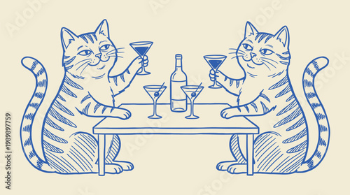 Anthropomorphic cats enjoying a social gathering with drinks at a table for lifestyle and hospitality marketing