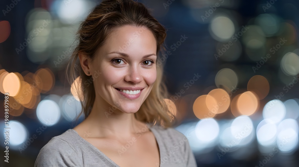 Obraz premium A smiling woman in a casual top is pictured against a dramatic illuminated city bokeh backdrop at night