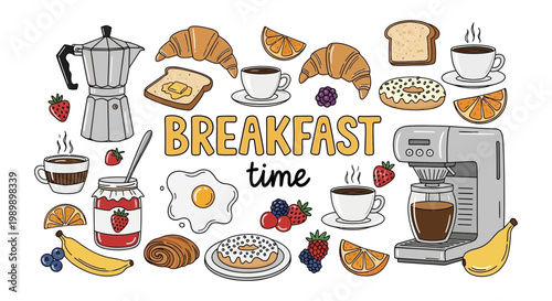 A comprehensive and colorful assortment of classic breakfast items for a delightful morning meal.