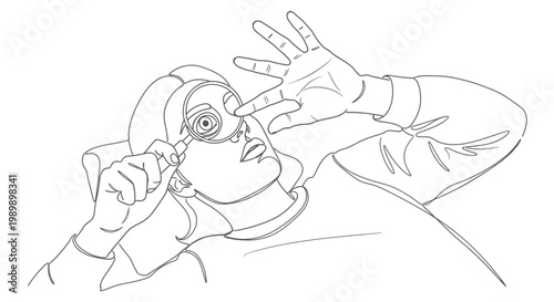 A minimalist line art drawing of a man shading his eyes with his hand, looking upwards.