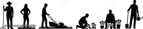Black silhouettes of people gardening and landscaping including lawn mowing planting flowers raking leaves and holding garden tools on white background.