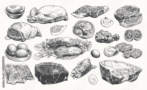 collection of hand-drawn raw meat cuts, steaks, and poultry in a classic vintage engraving style. Perfect for butcher shop branding, premium steakhouse