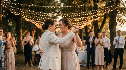 Two women share a heartfelt moment dancing together at an elegant outdoor wedding celebration surrounded by guests applauding beneath warm glowing string lights.