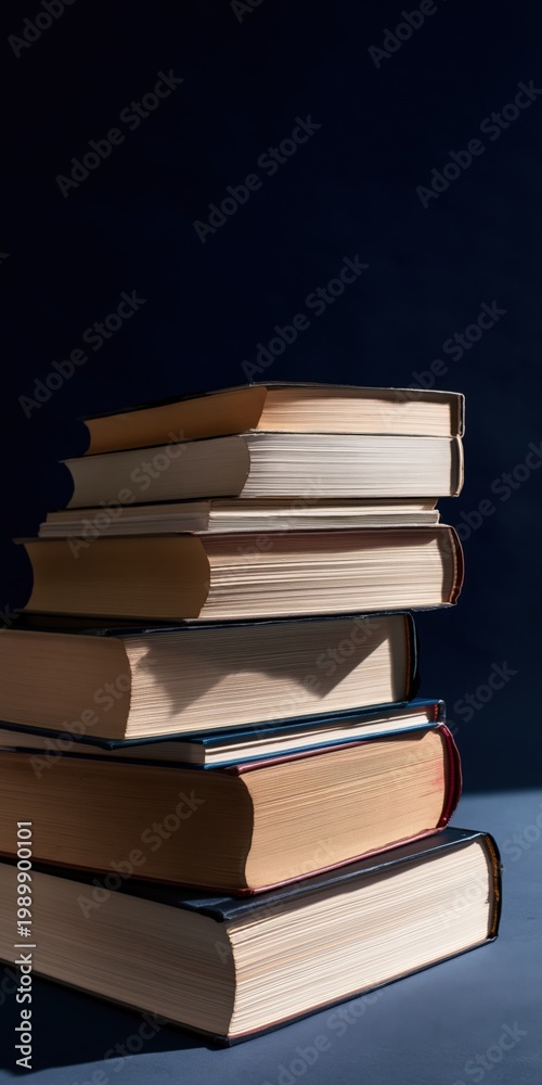 Fototapeta premium Tower of books arranged on table with dramatic shadow