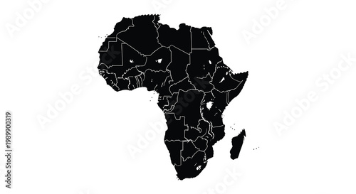A stark black silhouette of the african continent showcasing its diverse geography