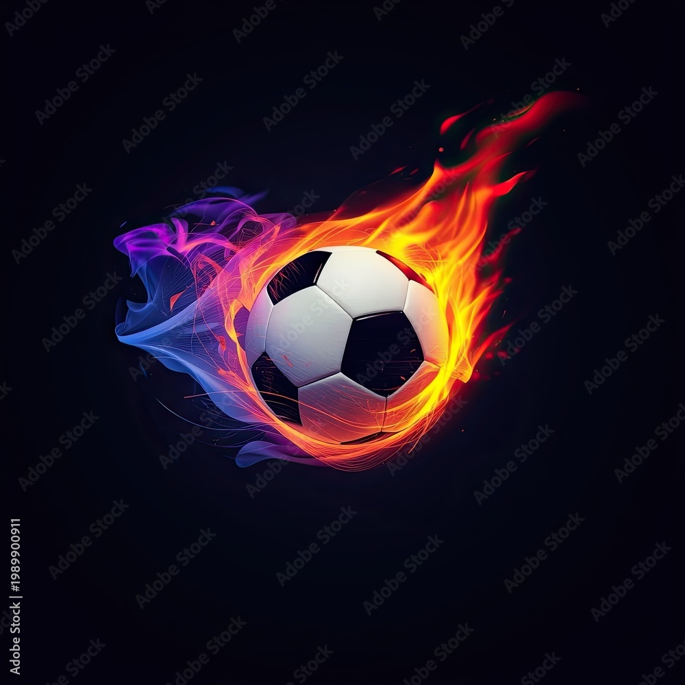 Naklejka premium A soccer ball surrounded by orange fire and purple smoke trails on a dark background
