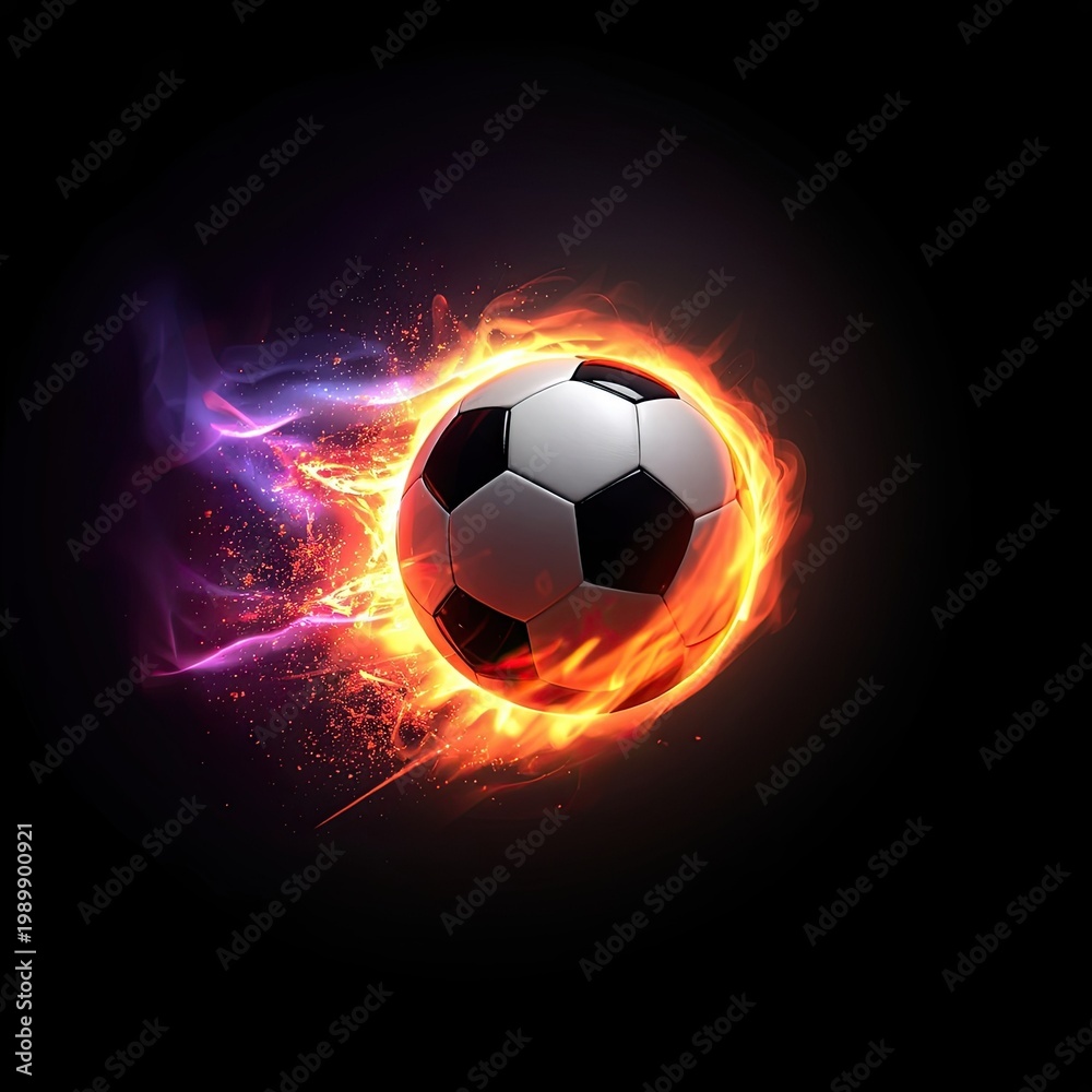 Naklejka premium A soccer ball engulfed in bright orange and purple flames against a black background