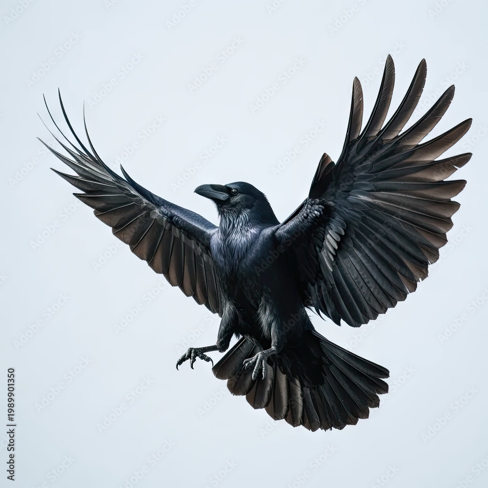Obraz premium A detailed high-speed photograph of a black raven in mid-flight with its wings fully spread against a pale, neutral background