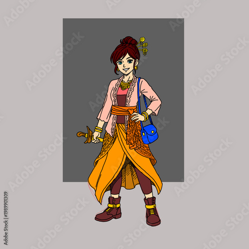 Beautiful manga girl in Indonesian traditional Kebaya and Batik outfit holding a Keris. Fusion of cultural heritage and modern anime style. Perfect for Southeast Asian travel and culture mascot.