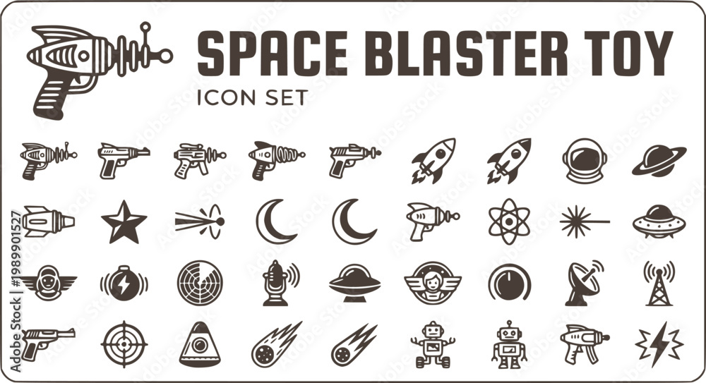 Fototapeta premium Space Blaster Toy Icon Set Retro-Style Vintage Ray Gun Space Weapon Sci-Fi Blaster Retro Futurism Toy Gun Nostalgic Toys Vector Illustration