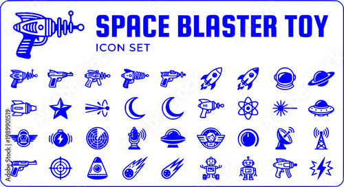Space Blaster Toy Icon Set Retro-Style Vintage Ray Gun Space Weapon Sci-Fi Blaster Retro Futurism Toy Gun Nostalgic Toys Vector Illustration