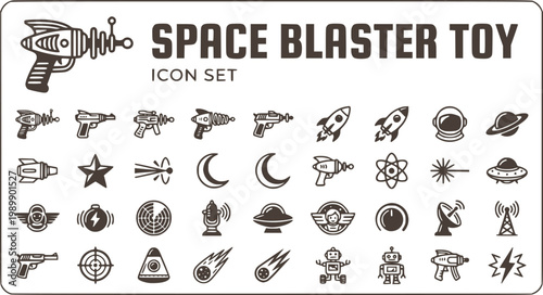 Space Blaster Toy Icon Set Retro-Style Vintage Ray Gun Space Weapon Sci-Fi Blaster Retro Futurism Toy Gun Nostalgic Toys Vector Illustration