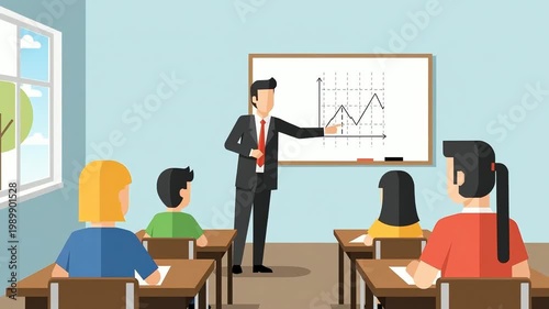 Teacher explaining a business graph to students in a classroom. Educational concepts and professional development. Learning and knowledge sharing. Flat illustration animated graphics