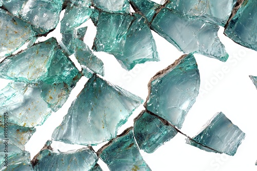 Fragmented emerald glass shards scattered across, offering a glimpse of the multifaceted beauty.