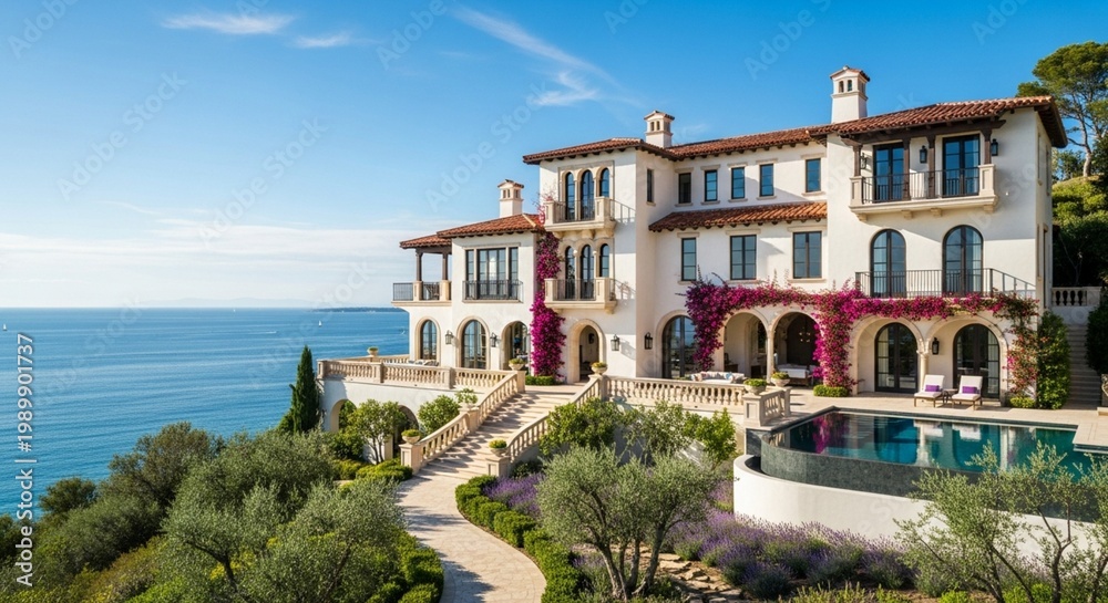 Obraz premium Photorealistic Mediterranean Style Mansion Overlooking Azure Sea in Bright Daylight