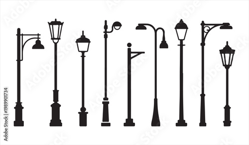 Street light icons set with vintage and modern lamp post silhouettes