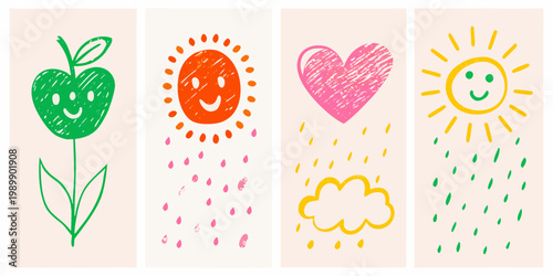Playful doodle illustrations of a fruit flower heart and sun