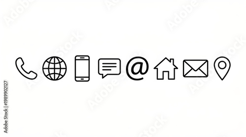 A row of black outline icons representing various contact methods and communication symbols on a white background.