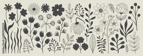 Collection of Stylized Hand- Drawn Botanical Elements and Flowers in Dark Gray on a Beige Background