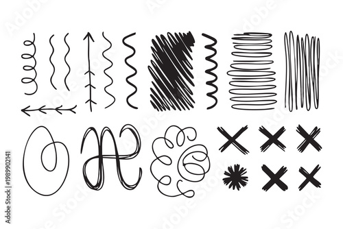 Hand drawn doodle lines and shapes set with black ink brush strokes including crosses and squiggles