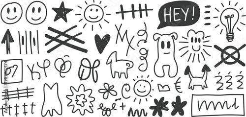 Assortment of Hand Drawn Doodle Icons Symbols and Characters with Smiley Faces and Animals