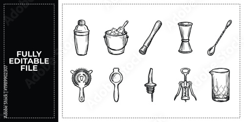 Hand Drawn Bar Tools and Cocktail Drinks Doodle Icon Set Sketch Vector Illustration EPS