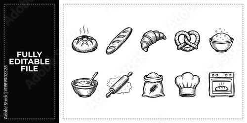 Hand Drawn Pastry Croissant and Bakery Bread Doodle Icon Set Sketch Vector Illustration EPS