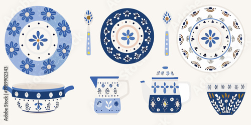 A charming collection of blue and white patterned ceramic tableware